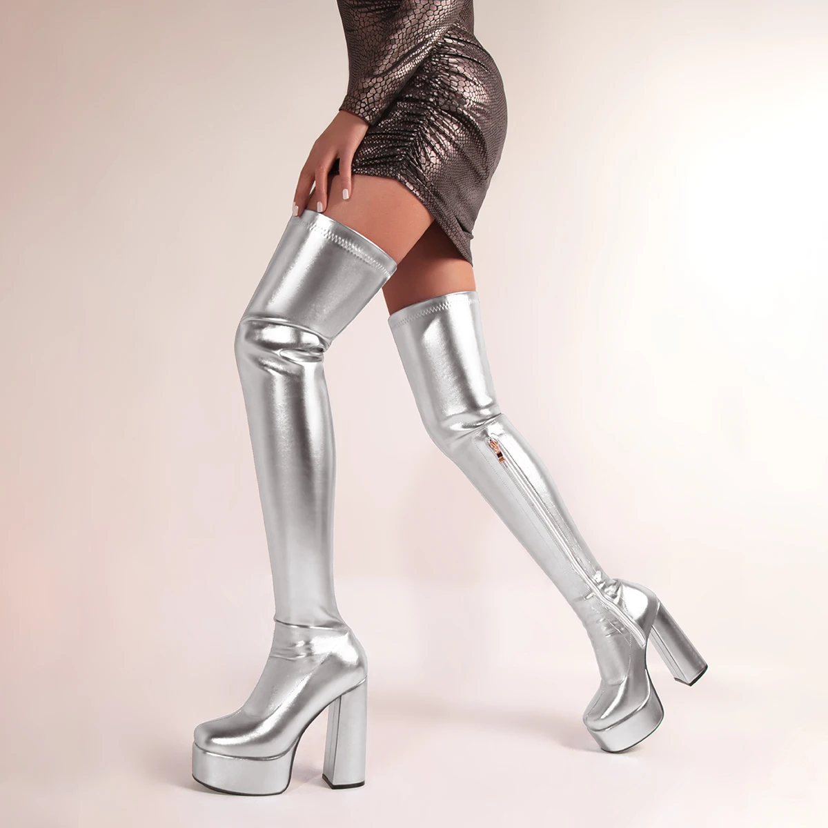 Platform Over The Knee Boots Women 2024 Fashion Pink Silver High Heels Women\'s Slim Stretch Thigh High Boots