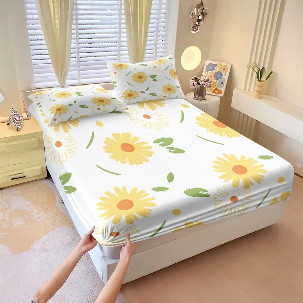 Cute Hand Drawn Daisy Floral Print Fitted Sheet Set Bed Sheet Set Bedding Set No Fillers Cottage Dorm Bedroom Bedding Decor