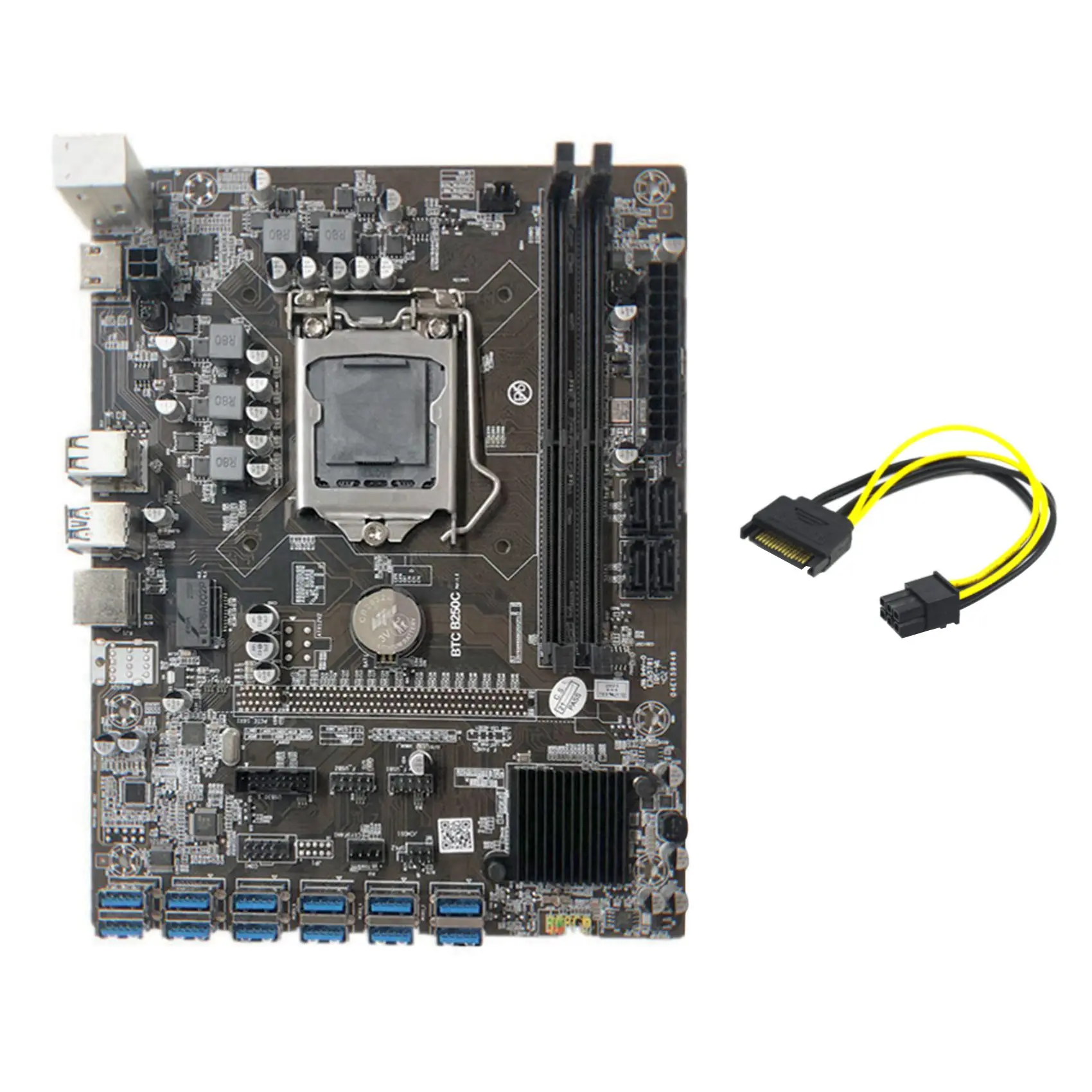 B250C Mining Motherboard+SATA 15Pin to 6Pin Cable 12 PCIE to USB3.0 GPU Slot LGA1151 Support DDR4 DIMM RAM for BTC Miner