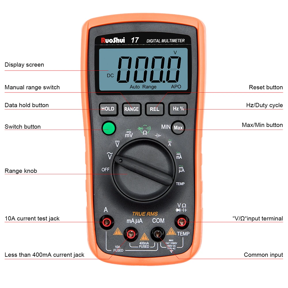 RuoShui 17 Multimeter True RMS AC DC Voltmeter Ammeter Tester 1000V 20A Capacitance Frequency Resistance LED Digital Multimetro