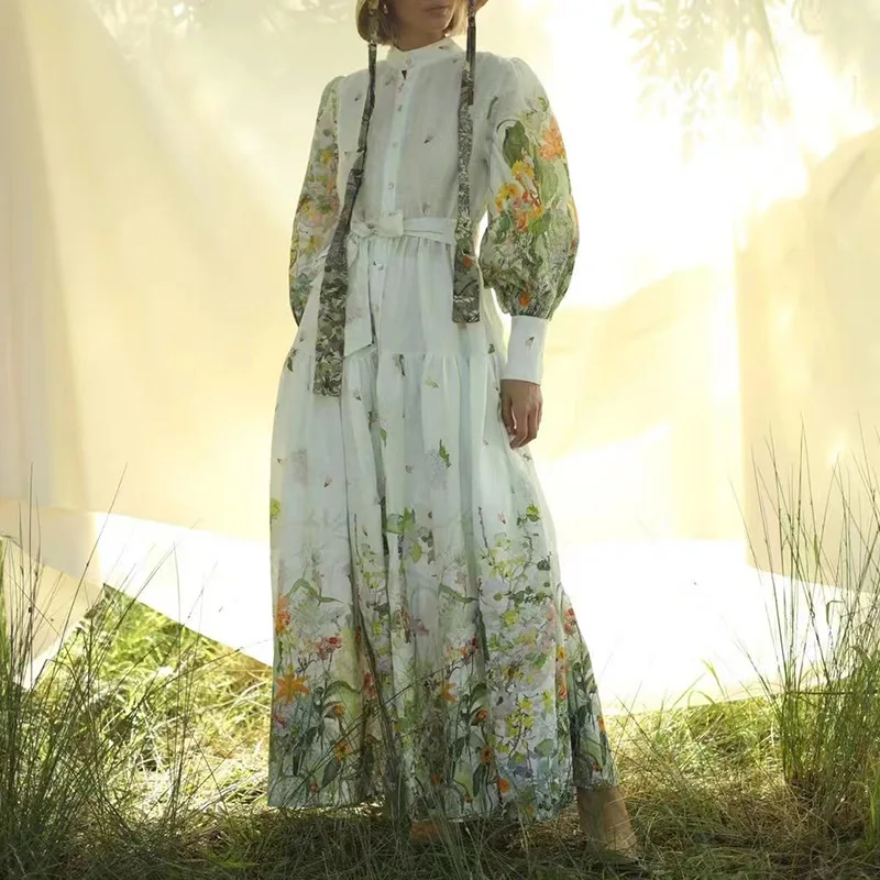 

French idyllic long dress stand-up collar lantern sleeves printed straps slim slim dress stylish simple luxury temperament elega