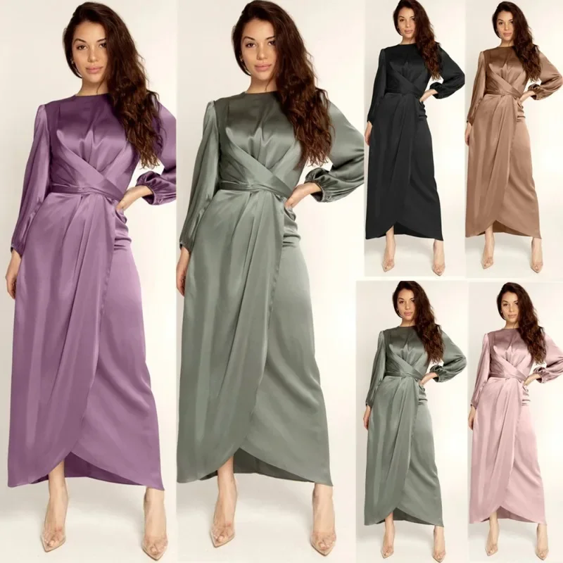 

20251pcs Dubai Satin Long Dress Sexy High Waist Dress for Women Fashion Lace-up Female Dress Plus Size Middle Eastern Slim Dress