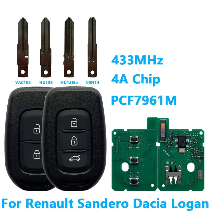 Fit For Renault Dacia Logan 2 Sandero Lodgy Dokker Trafic Clio4 Duste Remote Key 2/3 Buttons 4A  PCF7961M Chip 434MHz