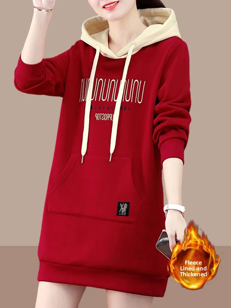 Korean Sle Faionable Loose Versatile ket Mid-Length Design Jaet Hooded Color Blo Fce Thi Large Size Sweatirt