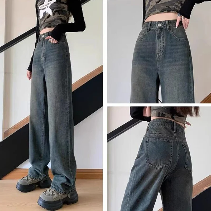 

2026 Lady High Waist Cement Gray Jeans Girls Retro Solid Denim Trousers Female Casual Fashion Thin Straight Leg Pants