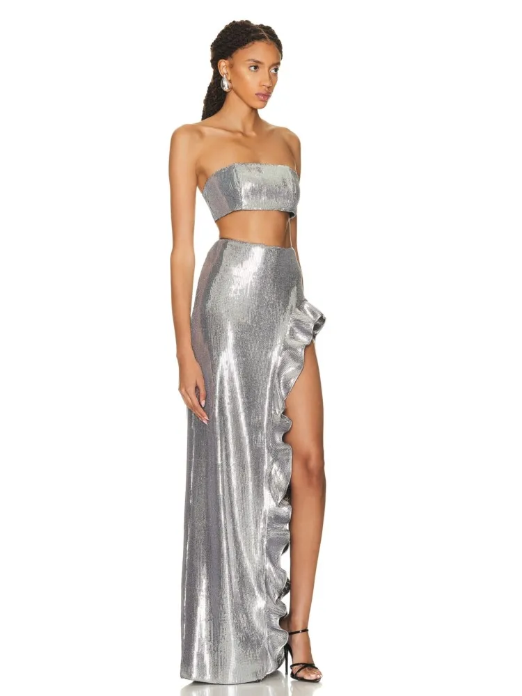 

Light Luxury Tube Top Silver Split Skirt Catwalk Evening Dress Christmas Wear