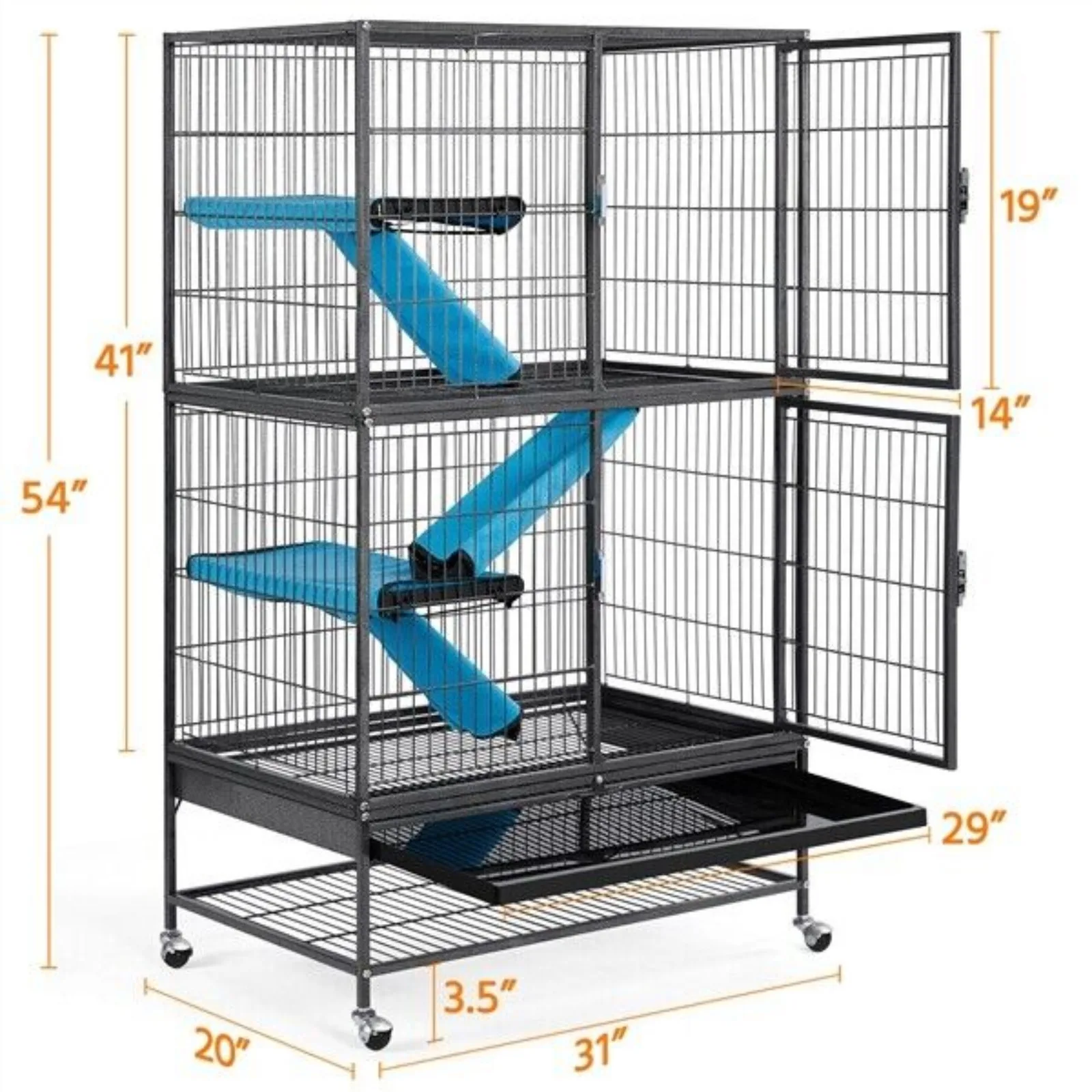 US 2-Story Rolling Metal Ferret Cage Chinchilla Guinea Pig Rat Critter Cage Black