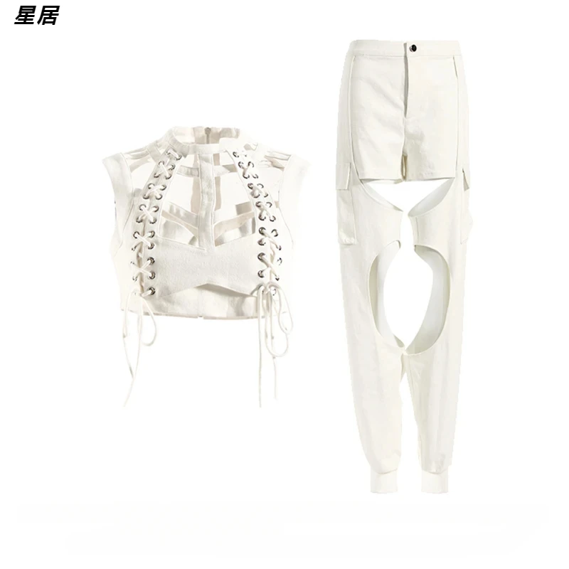 Kpop Korean Women Singer Hip Hop Jazz Dance Outfits Sexy Hollow Out Halter Vest Crop Tops Loose Straight Jeans Y2K Stage Costume