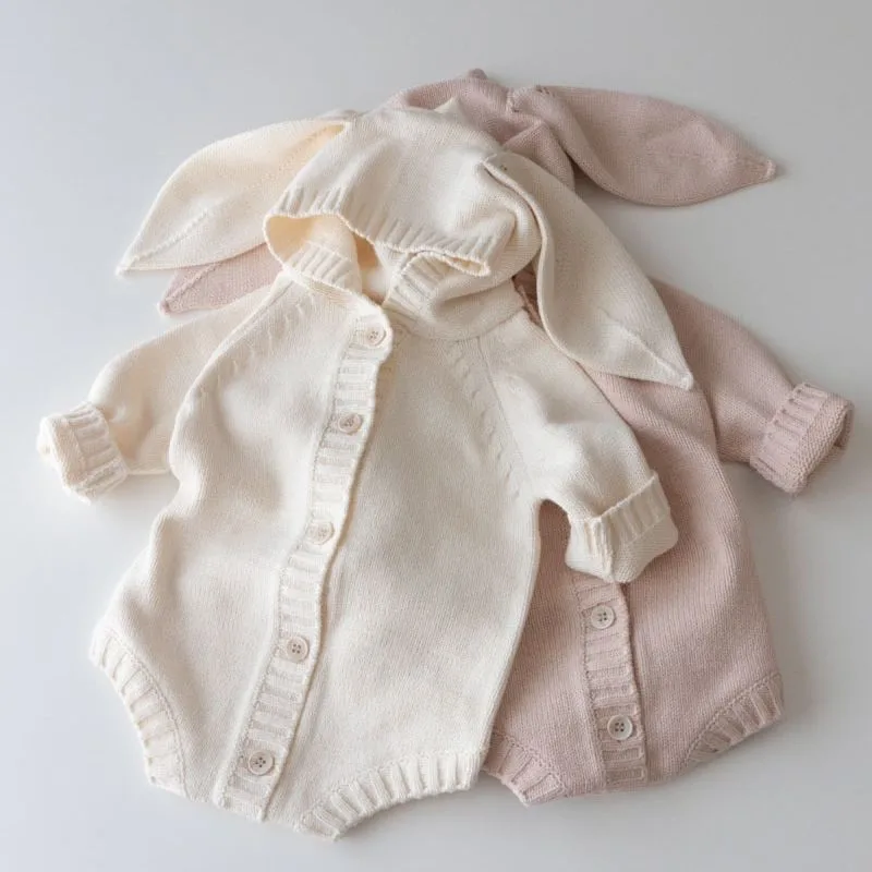 Baby Girls Ins Autumn Winter Romper Knitted Ear Single Breasted Newborn Girl Jumpsuit Solid Stretch Infant Boys Hoodie Bodysuits