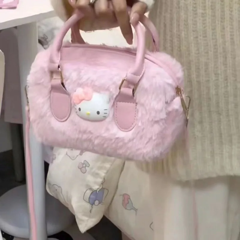 MBTI-Bolso de mano de Hello Kitty para mujer, bandolera de fieltro rosa, versátil e informal, tendencia 2024