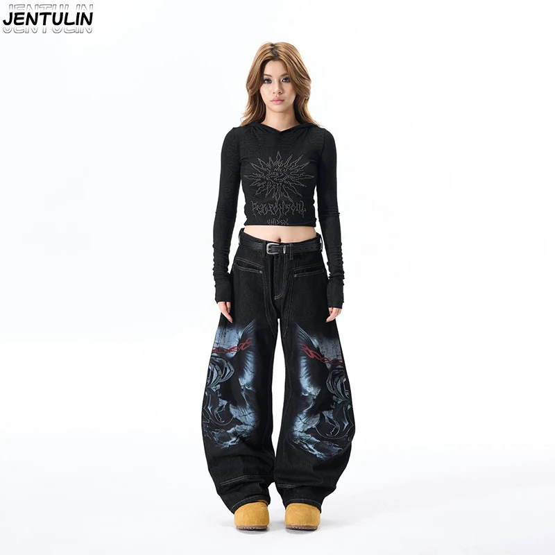 

Korean style Retro Black Print Curved Knife Pants With Open Thread Loose Wide Leg Jeans Trendy Couple Style Men Clothing Unisex
