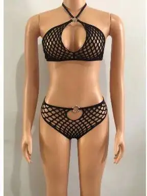 المرأة مثير شبه شفافة الرسن البرازيلي سراويل مجموعة الدانتيل متابعة بيكيني شبكة صيد السمك الجوف خارج معلقة الرقبة أكمام بيكيني أنيقة 1C46