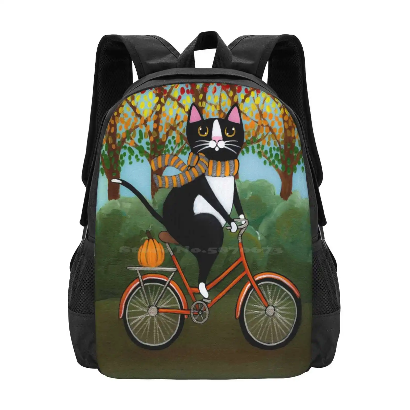 Autumn Cat On A Bicycle Pattern Design Laptop Travel School Bags Folk Art Bike Pumpkin Funny Whimsical Tuxedo Cat Orange