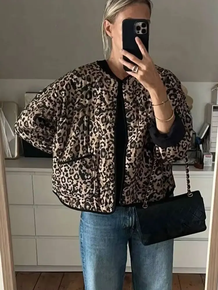 HH 2024 Casual Leopard Print Cotton Coats For Women Autumn Single-Breasted Pockets Long Sleeves O Neck Street Fashion Jacket