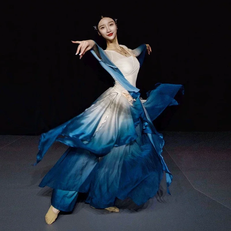 Traje de danza clásica, vestido de gasa de color degradado elegante y súper hada, falda ligera que fluye, traje de baile