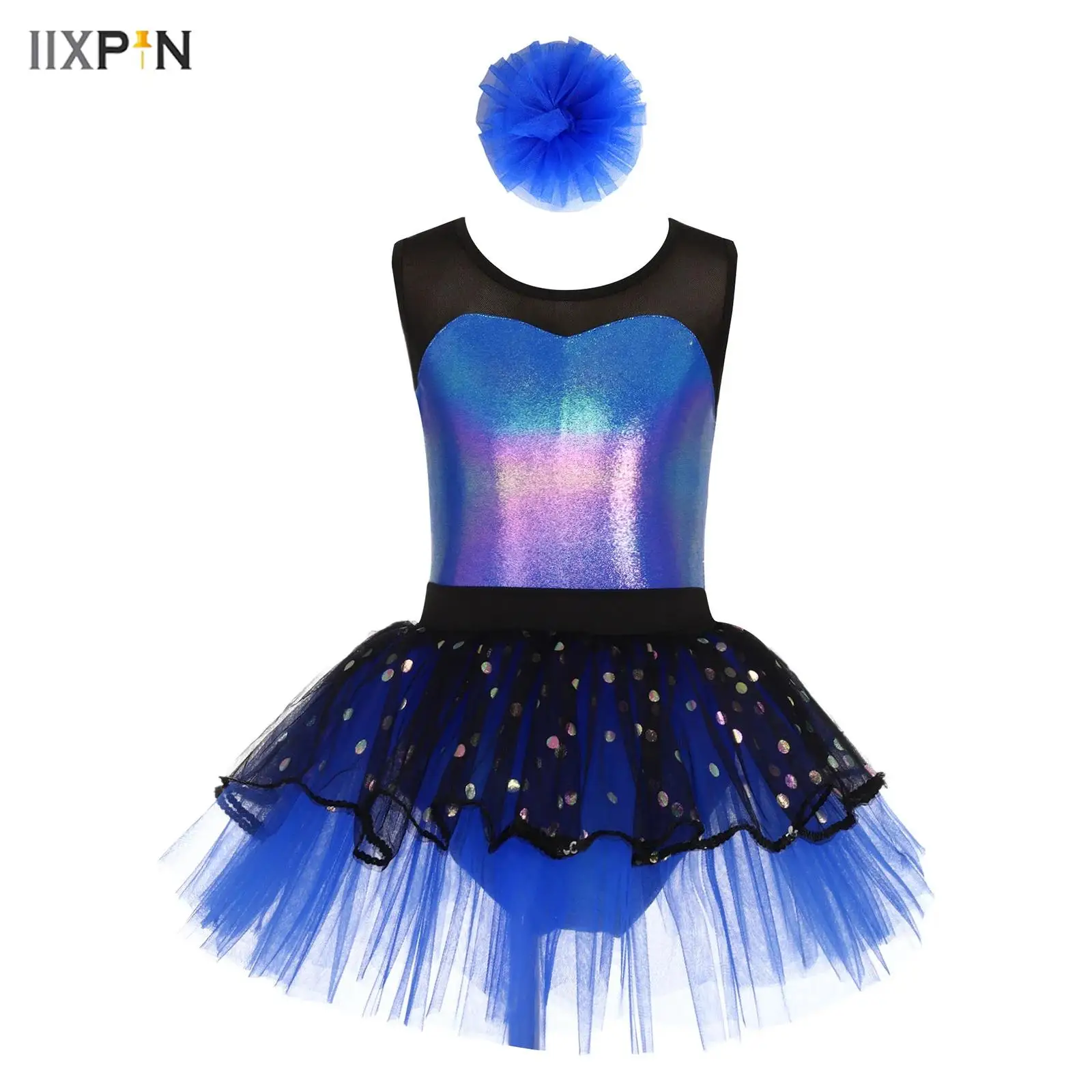 

Kids Girls Ballet Dress Sleeveless Sheer Mesh Patchwork Metallic Bodice Tutu Dress+Headwear Childrens Day Jazz Dance Performance
