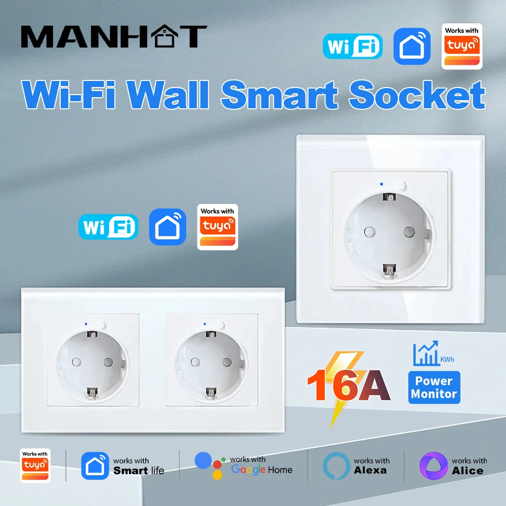MANHOT Smart Life WiFi Wall Socket 16A EU Standard Dual socket Power Monitoring Remote Control Works with Tuya Alexa Google Home