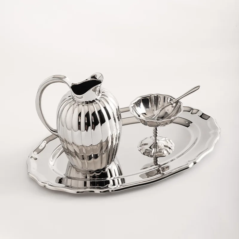 

Light luxury stainless steel kettle, milk pot, ice cream cup tray set, model room creative ornament
