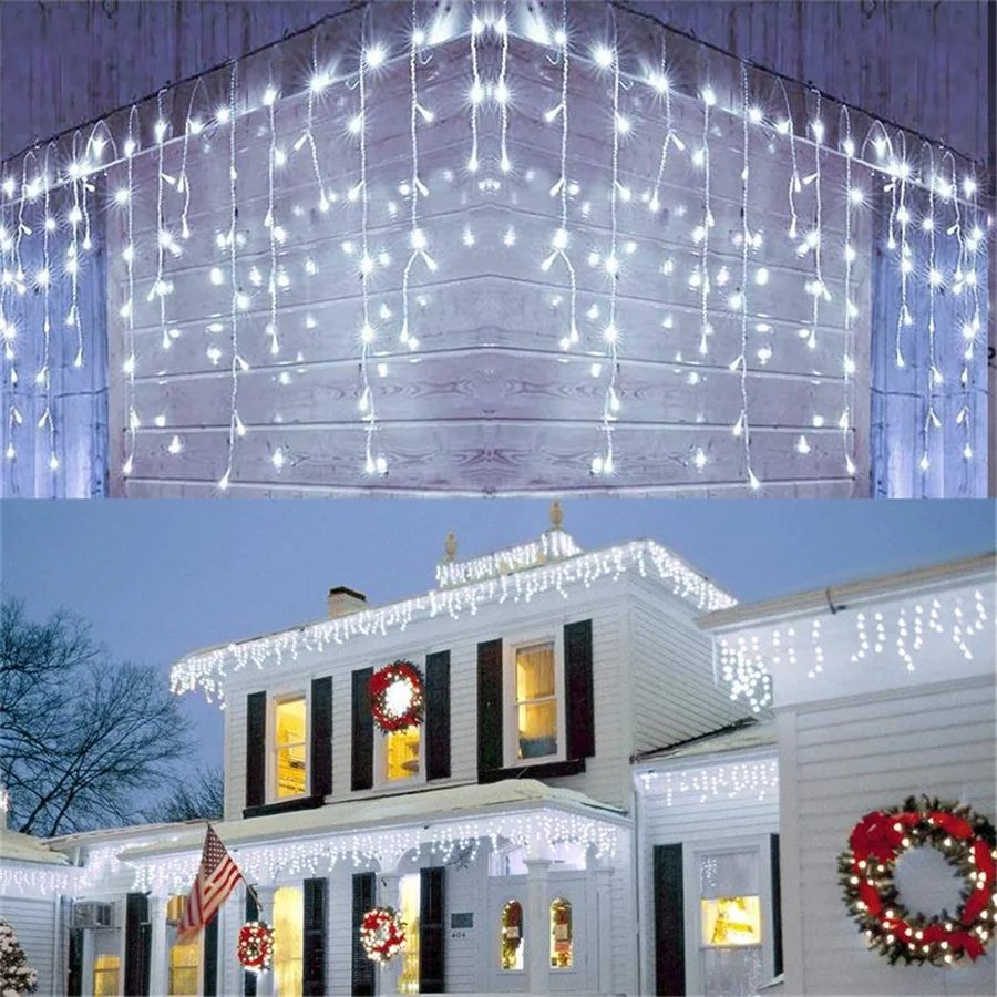 

4M 96LED Christmas Garlands Fairy Lights Outdoor 8 Modes Waterproof Icicle Curtain String Lights for Garden Wedding Party Decor