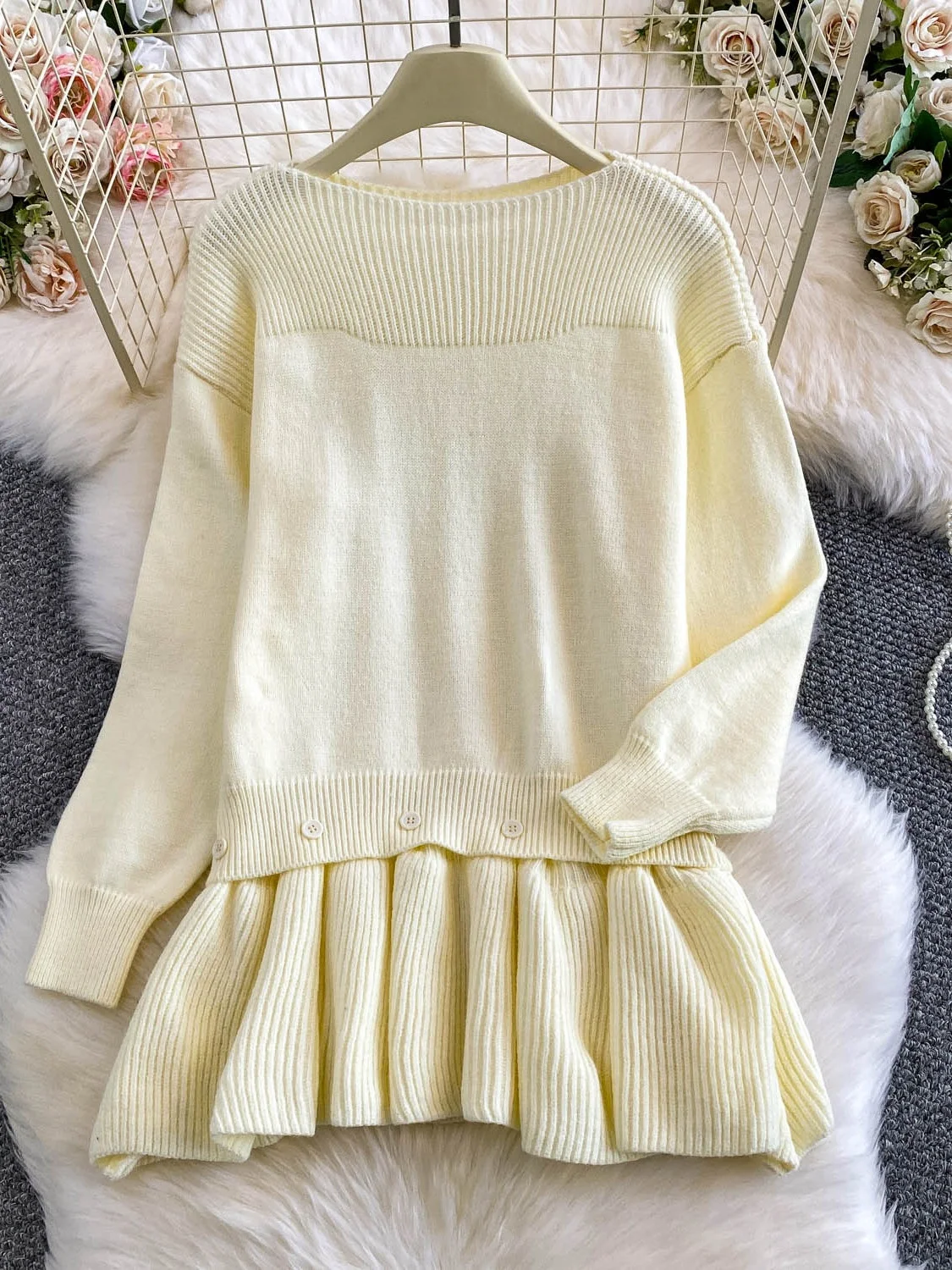 Шикарный длинный вязаный свитшот Sve, женский свободный дизайн с кружевным подолом, повседневный удобный корейский топ средней длины