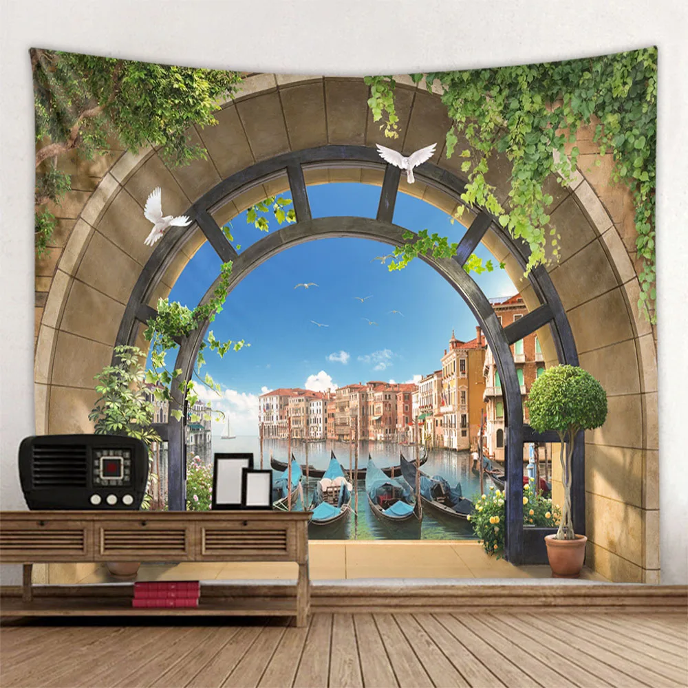 

Imitation window tapestry landscape home wall decoration, sea, starry sky, forest, plant room art decoration, background cloth