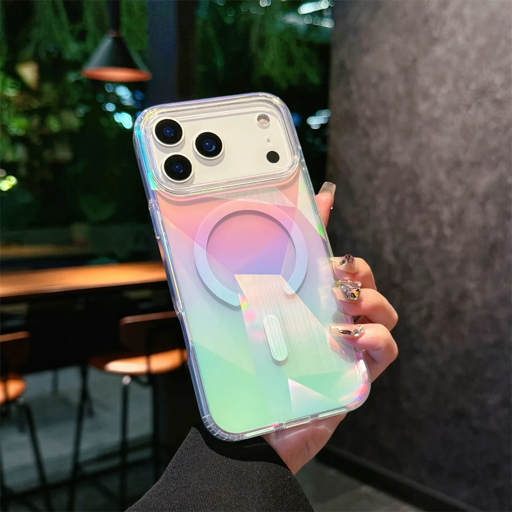 Custodia magnetica geometrica colorata per MagSafe per iPhone 17 Air 16e 16 15 14 Plus 13 12 Pro Max 11 Cover trasparente trasparente