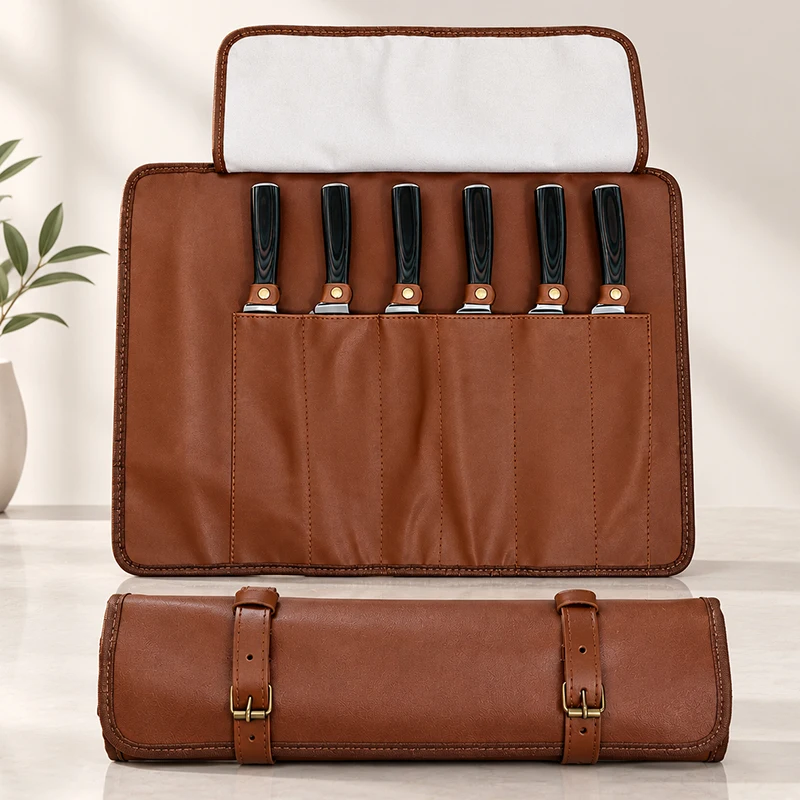 PU Leather 6 Slot Chef Knife Roll Bag Professional Portable Carry Case Kitchen Knife Japanese Slicing Knife Storage Pocket