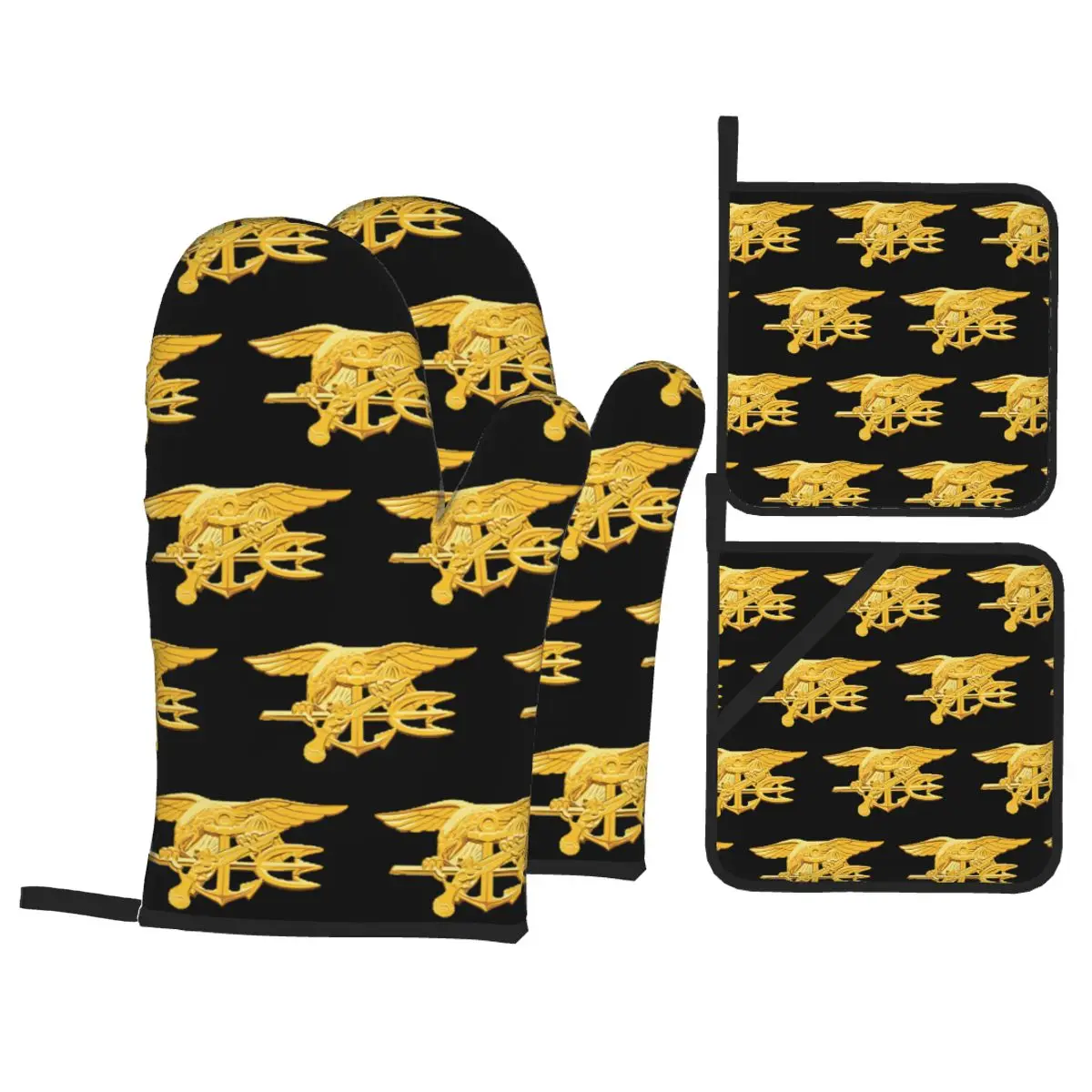 Navy Seals Badge Oven Mitts and Pot Holder Sets of 4 for Baking Kitchen Cooking Grilling Resistant Non-Slip Gloves