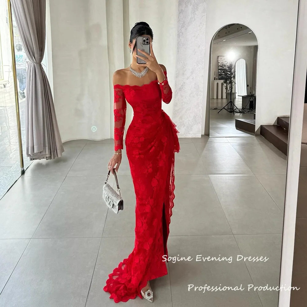 

Lace Off Shoulder Customized Evening Dresses With Slit 3/4 Sleeve Prom Dress For Women 2025 Mermaid Empire Waist Cocktail Gown