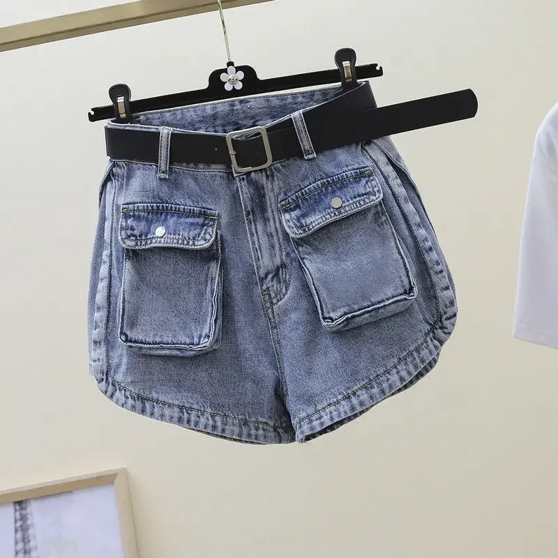 

Summer Korean oversized workwear denim shorts for women, high waisted loose A-line wide leg hot pants trend