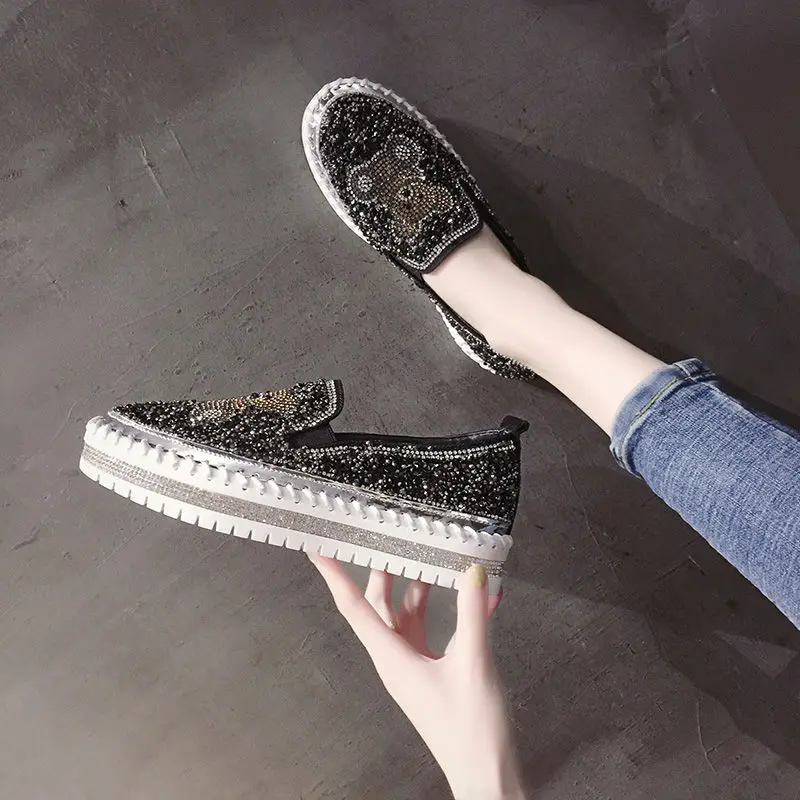 Autumn Women Thick Bottom Sneaker Running Fashion Designer Woman Shoes Trend 2024 Casual Canvas Mirror Luxury Rhinestone Spring