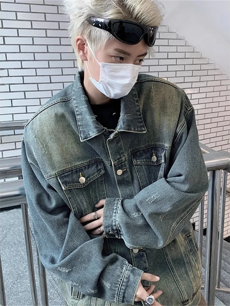 

Ретро-джинсовая куртка в американском стиле для мужчин, весенне-осенняя, модная, в стиле High Street, рабочая одежда, с длинными рукавами, с отложным воротником