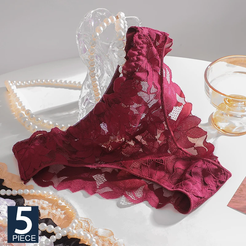 FINETOO 5PCS Sexy Satin Floral Lace Patchwork Panties for Lady Solid Color Hollow Out Sexy Briefs Underwear Transparent Lingerie