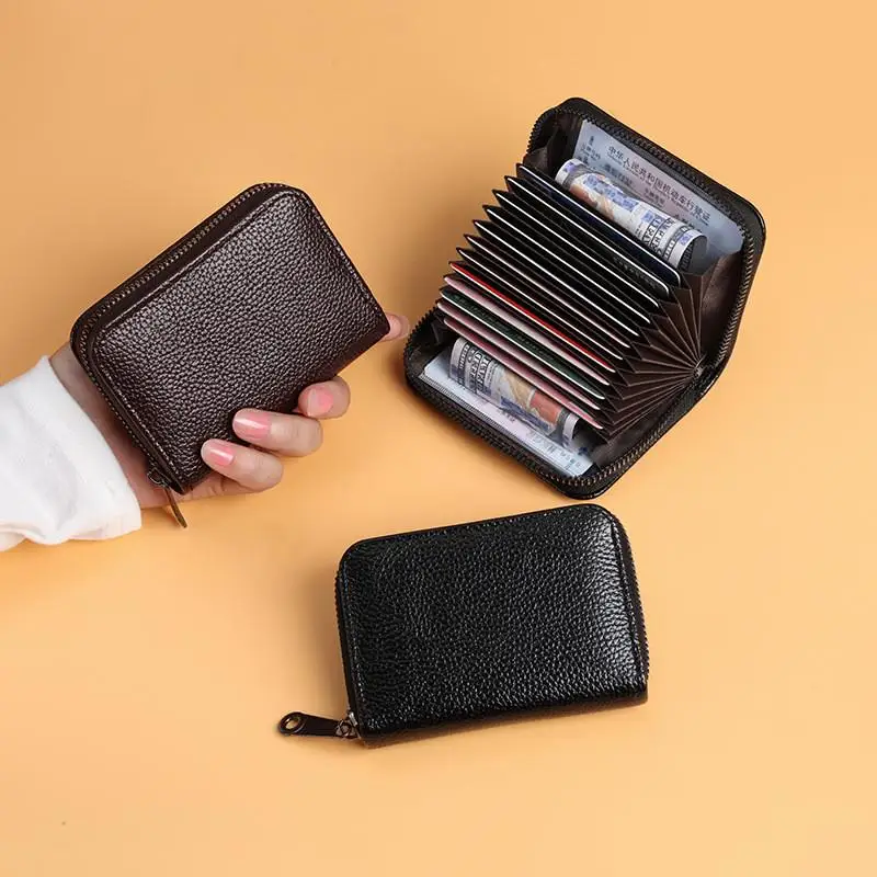 Multi Slot Card Holder Vintage Small Wallet Women Men Business Bank Credit Card Bag Male Coin Pouch Solid Leather Zipper Wallet