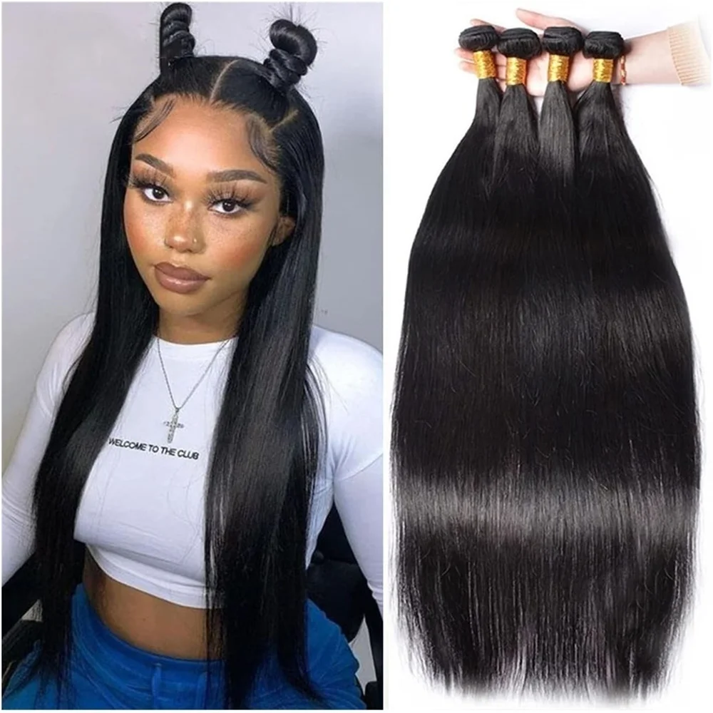 

Длинные прямые пучки человеческих волос, бразильские пучки волос Remy, 3 шт., натуральный черный, 14-30 дюймов, наращивание волос