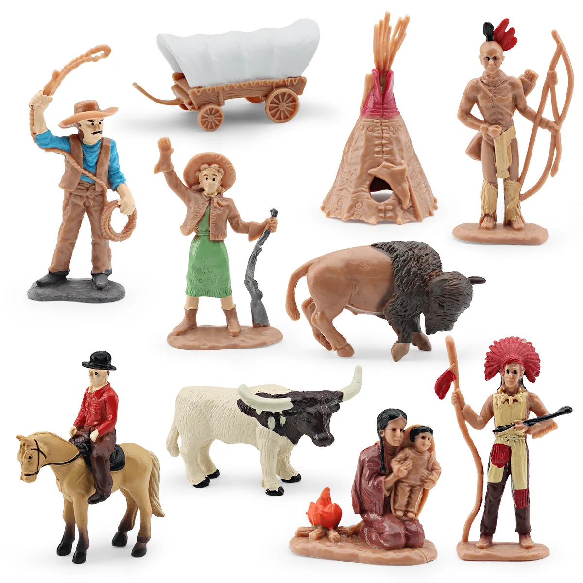 Ensemble de figurines de simulation du Far West : buffles, indiennes courageuses, décorations pour enfants, figurines de cow-boy, objets de collection