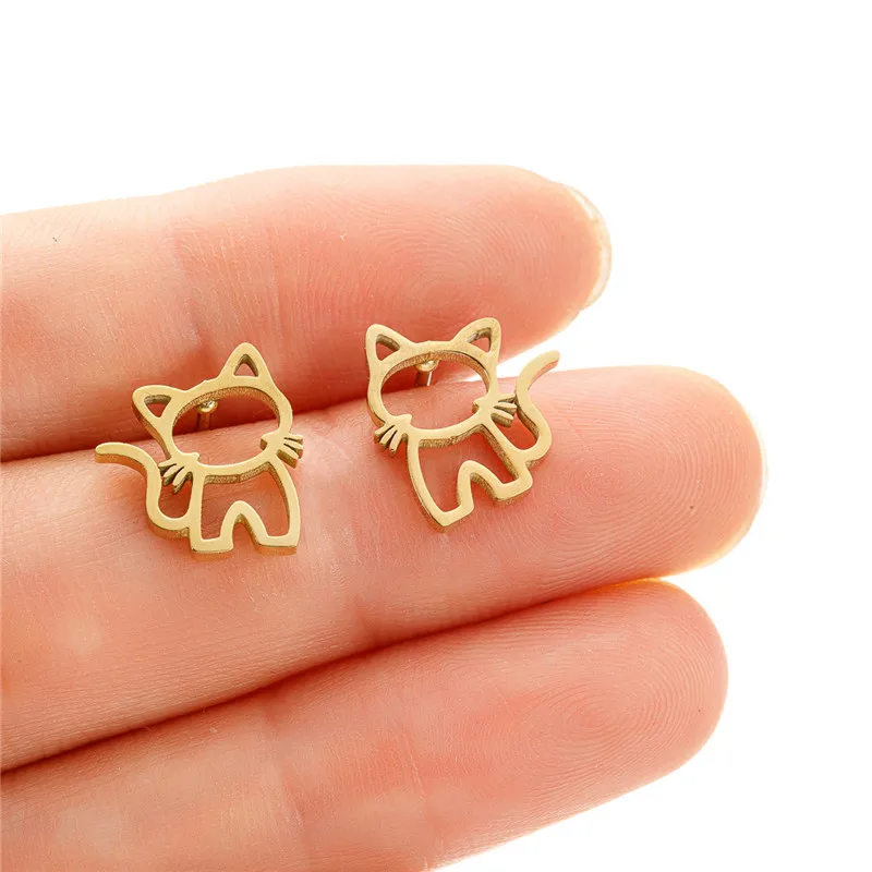 4Pairs/Lot Cute Cat Stainless Steel Stud Earrings for Women Girls Trendy Happy Kitty Earings Animal Body Jewelry Unusual Gift