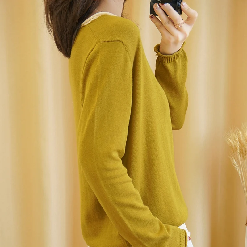 Women's Pullovers Autumn/Spring New 100% Cotton Sweaters Casual Patchwork Knitwear Ladies' Tops Loose V-Neck Basics Blouse