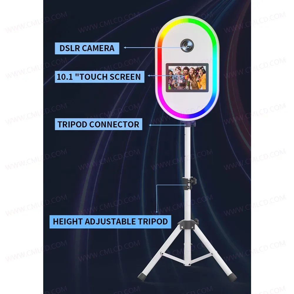 كاميرا Dslr سهلة الإعداد مع كشك تصوير ثلاثي القوائم بشاشة تعمل باللمس مقاس 10.1 بوصة مع كشك تصوير ذاتي فلاش للحفلات