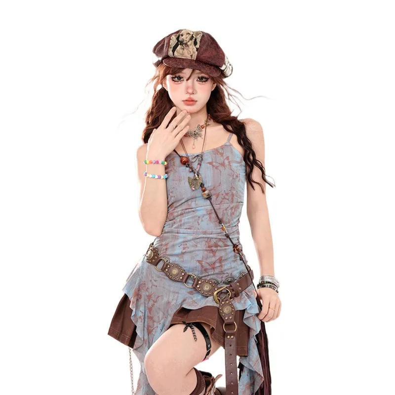 2026 New Women Western Vintage Butterfly Print Mini Dress Y2K Grunge Streetwear Spaghetti Strap Ruched Irregular Ruffle Dresses