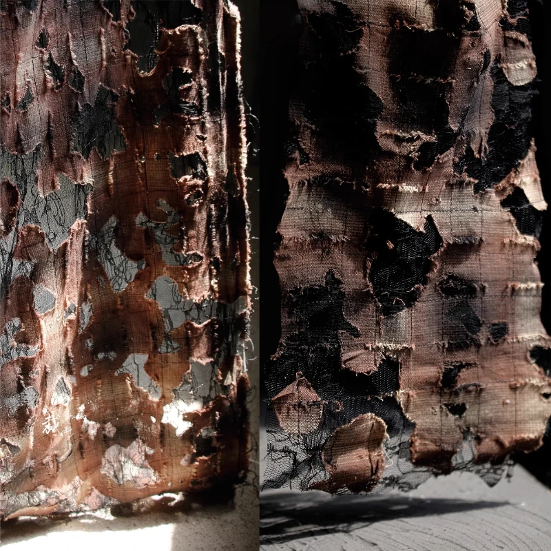 

Коричневая тряпичная кружевная ткань с вырезом, горящая 3D текстура, реконструкция, прозрачная, драпированная для дизайнера, дизайн высококачественного материала