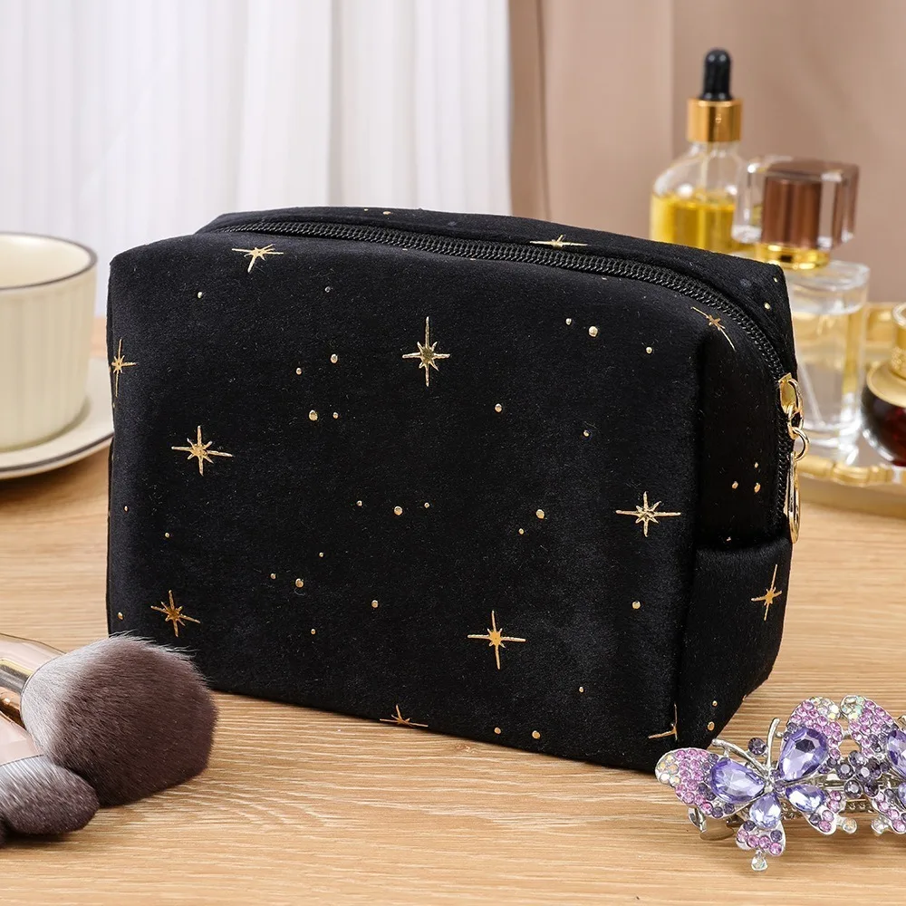 Cosmetic Bag Velvet Make Up Storage Bag with Zipper Portable Women Toiletry Bag Fashion Hot Stamping Star Pattern Cosmetic Bag