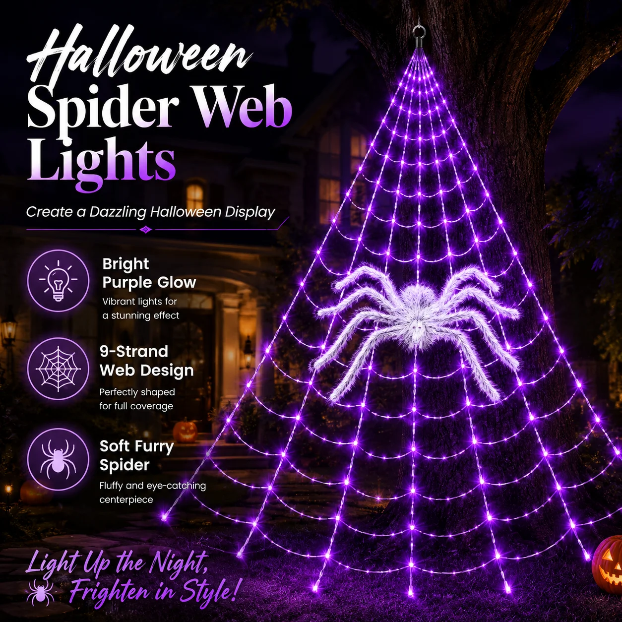 Luces Solares de Telaraña para Halloween, Luces LED Púrpuras con Forma de Araña Peluda, Decoración para Jardín, Patio, Árbol, Fiesta al Aire Libre