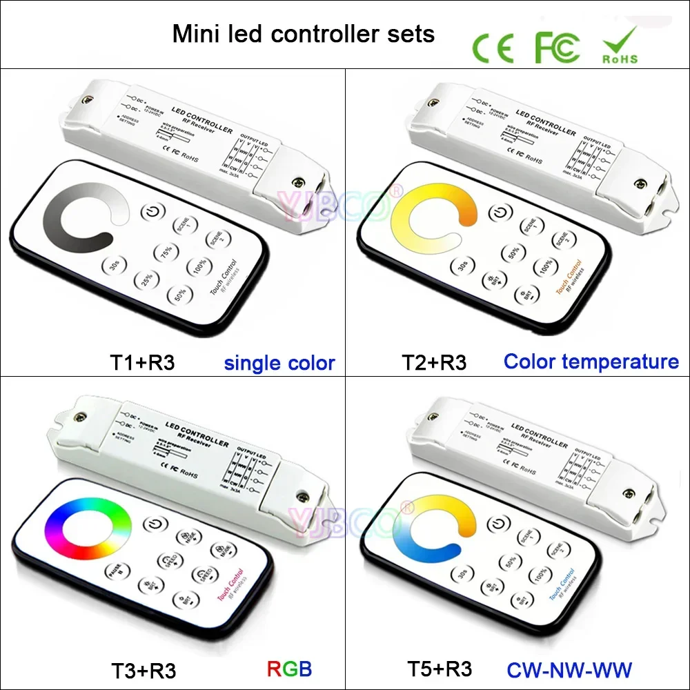 

Bincolor 12V 24V Mini LED Strip Light Controller dimming/CCT/RGB/CW NW WW dimmer Receiver & wireless remote lamp tape Switch