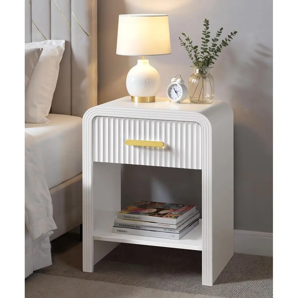 

Elegant White and Gold Nightstand, Wooden Storage Side Table for Compact Spaces, Ideal for Bedrooms and Living Rooms