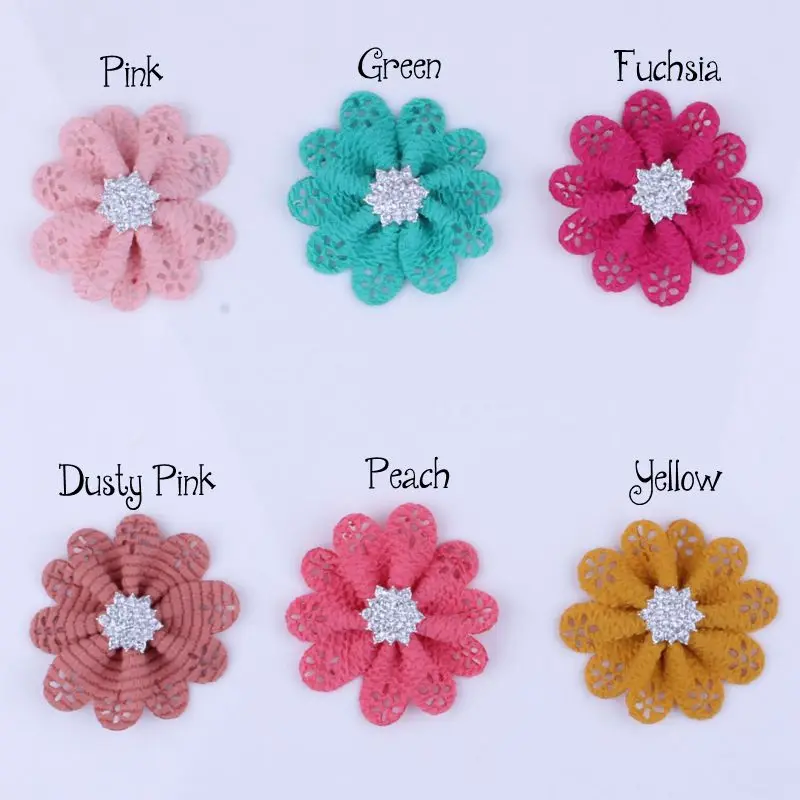 200pcs/lot 5.5CM 6Colors Newborn Hollow Flower Accessories For Headwear Chic Fabric Flowers+Bling Button For Baby Girl Headbands