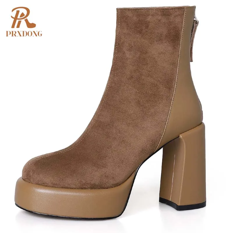 PRXDONG INS New Classics Autumn Winter Warm Knee High Boots Chunky High Heels Platform Black Apricot Zipper Dress Party Female