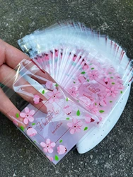 Pink Printed Opp Self-sealing Bag, Romantic Pink Floral Green Leaf Print Small Gift Bags For Party Birthday Gift Decoration