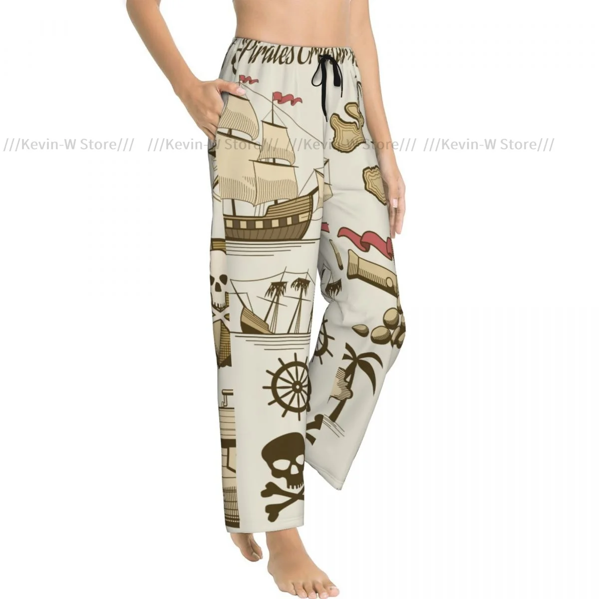 

Женские уютные фланелевые брюки для отдыха, мягкие штаны для сна с пиратской пушкой и черепом, морской кораблью для зимней домашней одежды