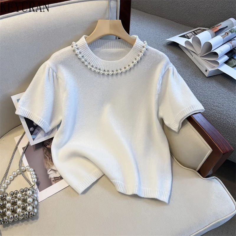 Peals Beaded Diamonds Knit T-Shirts Women 2024 Summer New Korean Fashion Loose Spliced Puff Short Sleeve Sweater Tops Tees Femme